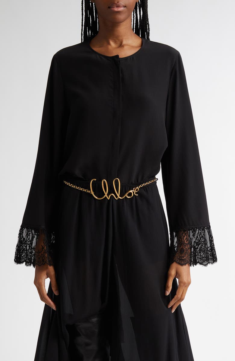 Chloé Lace Cuff Silk Crêpe de Chine Shirt, Main, color, Black