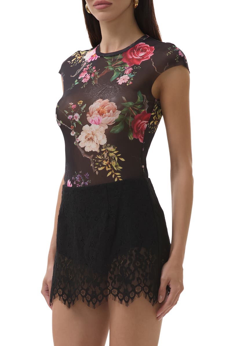 AFRM Nina Print Cap Sleeve Mesh Top, Alternate, color, Noir Summer Rose