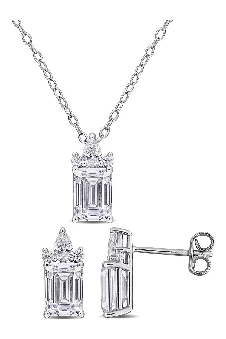 Emerald Round Cut Lab Created White Moissanite Pendant Necklace & Stud Earrings Set, Main, color, WHITE
