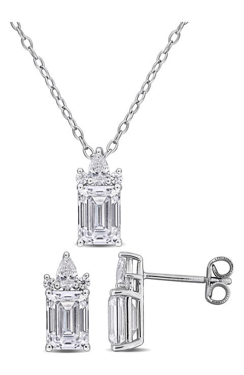 Emerald Round Cut Lab Created White Moissanite Pendant Necklace & Stud Earrings Set