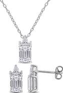 DELMAR Emerald Round Cut Lab Created White Moissanite Pendant Necklace & Stud Earrings Set