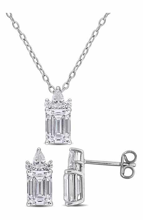 DELMAR Emerald Round Cut Lab Created White Moissanite Pendant Necklace & Stud Earrings Set