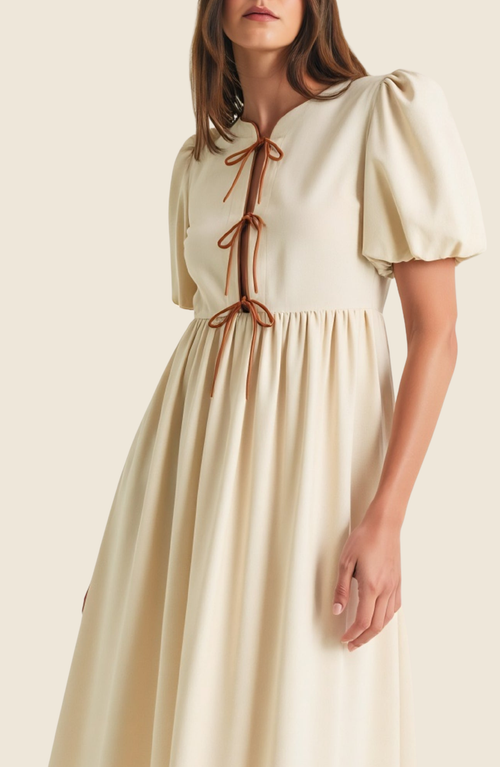 Modenaire Midi Puff Sleeve Dress With Contrast Ties And Hemline Trim In White