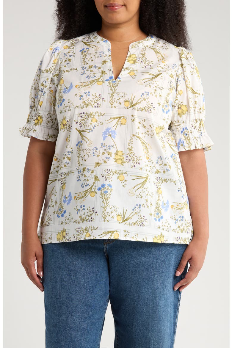 Cecily Merryn Floral Split Neck Cotton Top, Main, color, WHITE/ MULTI