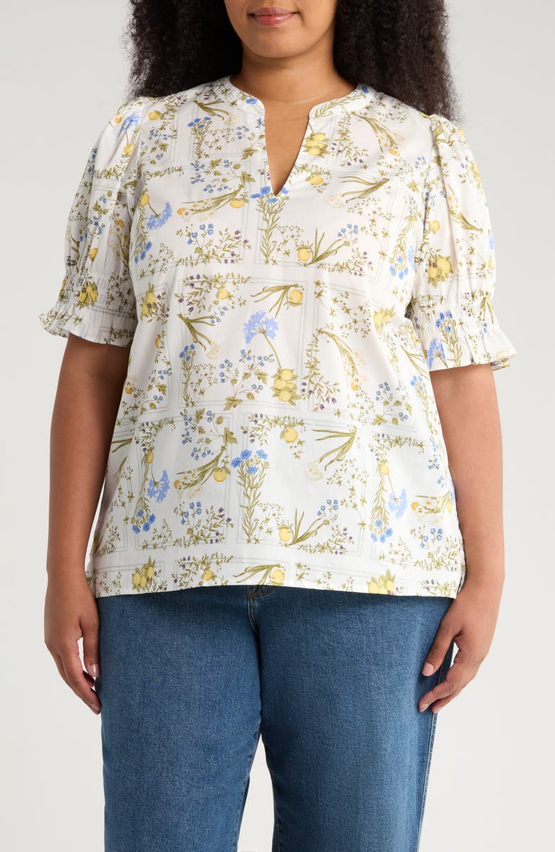 SUGARLIPS Cecily Merryn Floral Split Neck Cotton Top, Main, color, White/ Multi