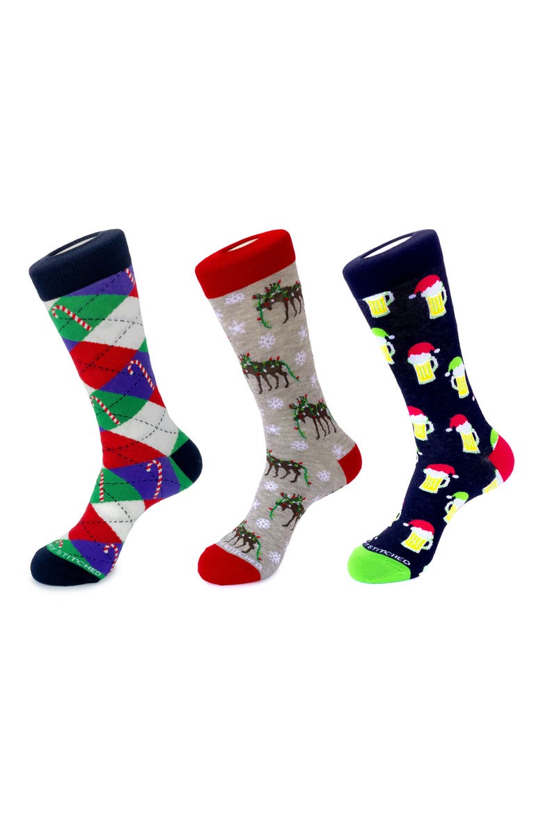 3-Pack Holiday Crew Socks, Main, color, NAVY GREY