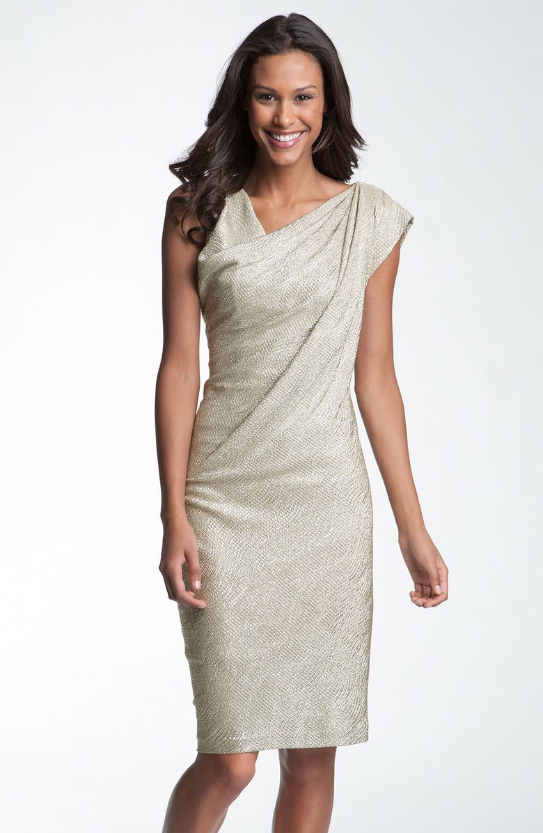 Maggy London Asymmetrical Drape Foil Knit Sheath Dress, Main, color,
