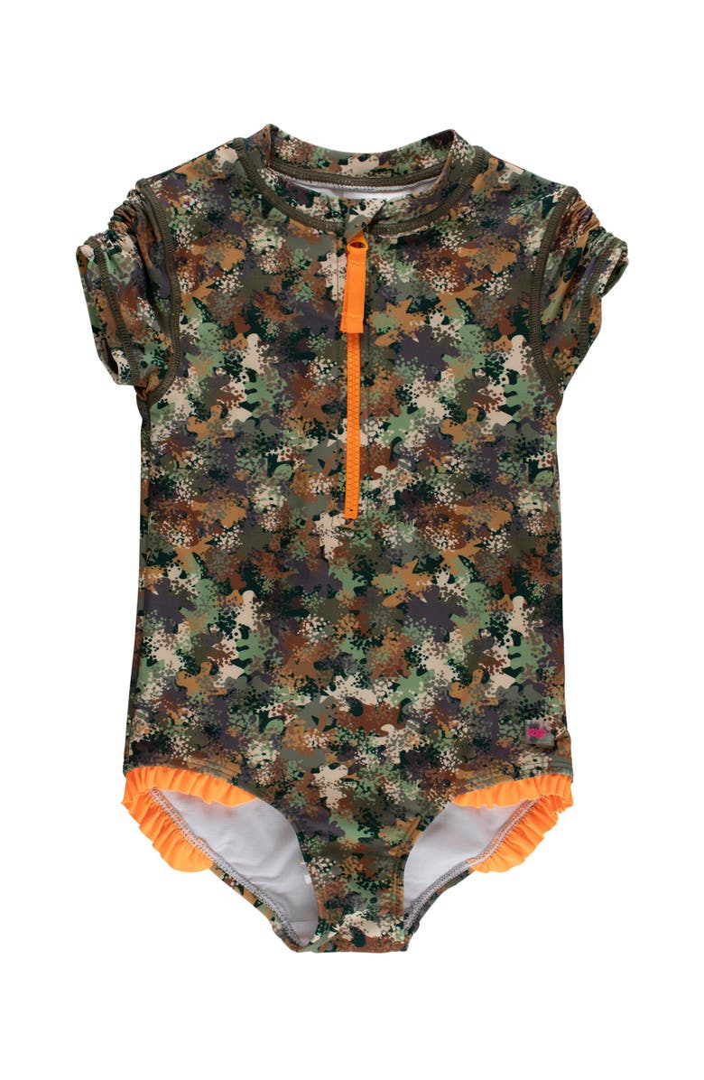 RuffleButts Girls Short Sleeve UPF50+ One Piece Rash Guard, Main, color, Classic Camo