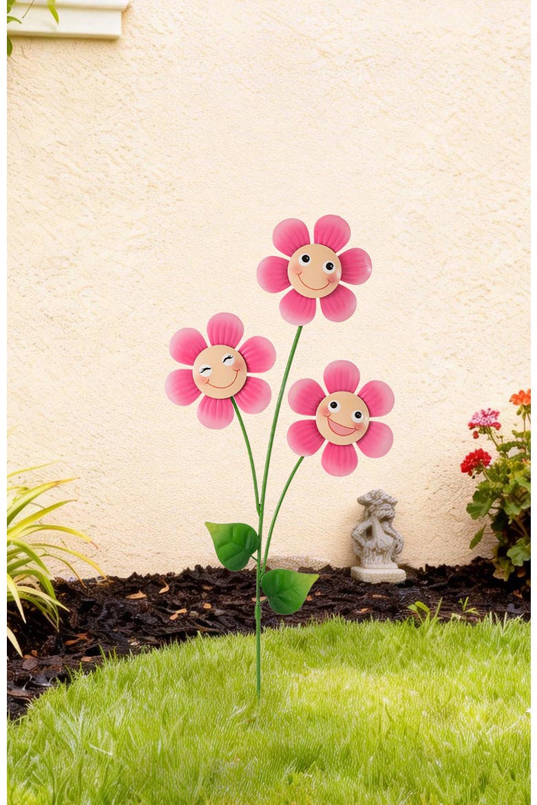 36"H Garden Metal Triple Happy Face Flower Yardstake or Wall Decor, Alternate, color, Pink