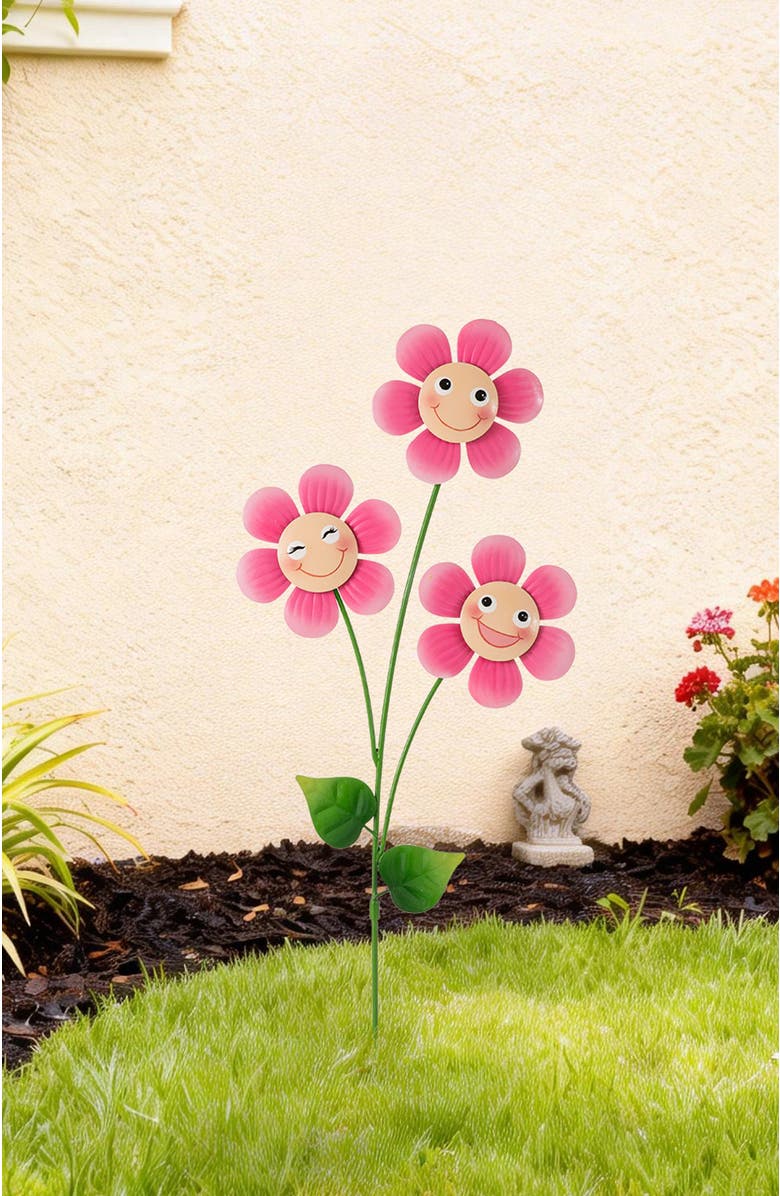 Glitzhome 36"H Garden Metal Triple Happy Face Flower Yardstake or Wall Decor, Alternate, color, Pink