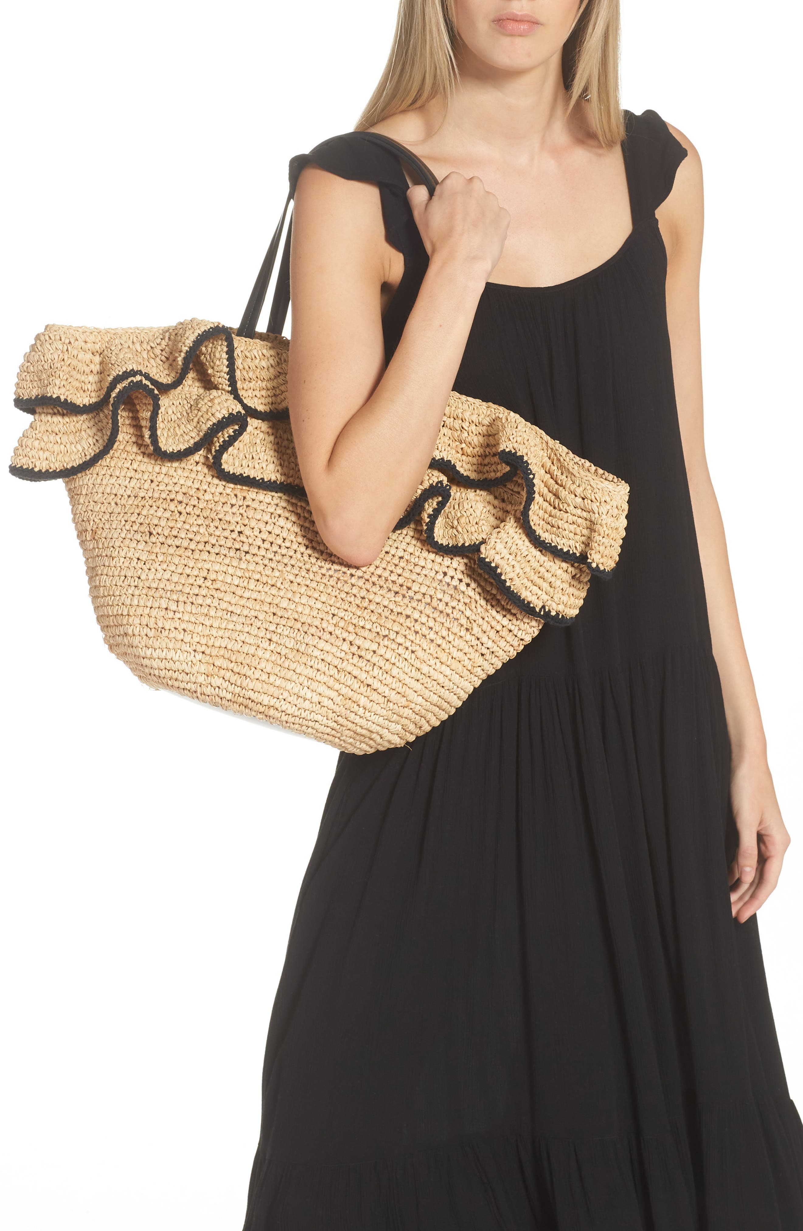 BTB Los Angeles Joey Ruffle Raffia Tote, Alternate, color, 