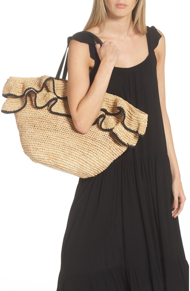 BTB Los Angeles Joey Ruffle Raffia Tote, Alternate, color,