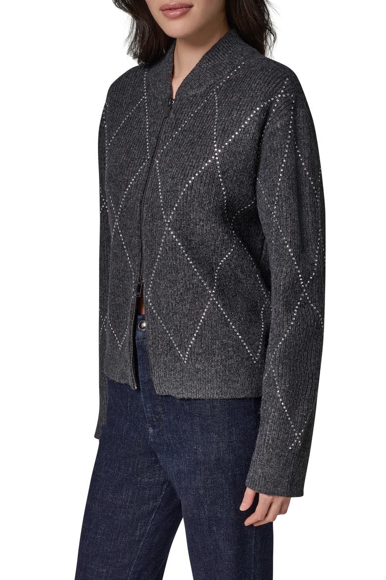 Crystal Embellished Zip Front Bomber Cardigan, Alternate, color, CHARCOAL H
