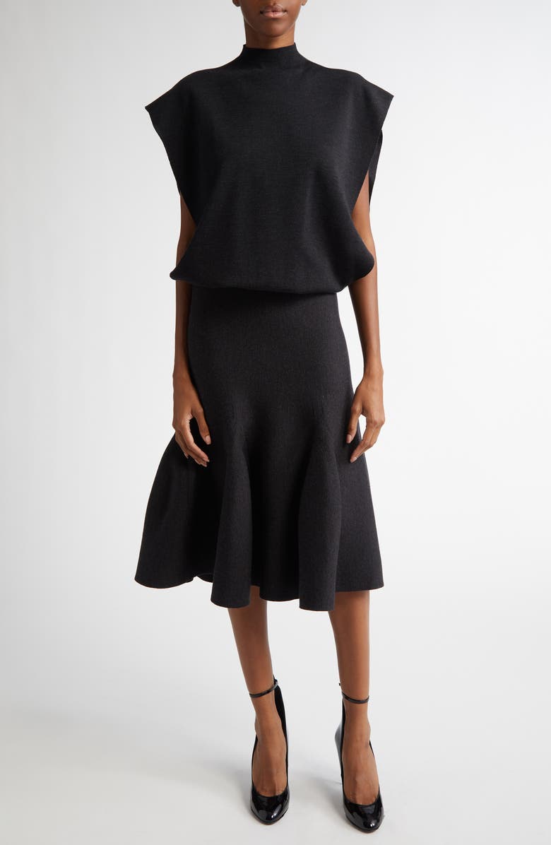 Alaïa Square Cap Sleeve Funnel Neck Wool Bodysuit, Alternate, color, 