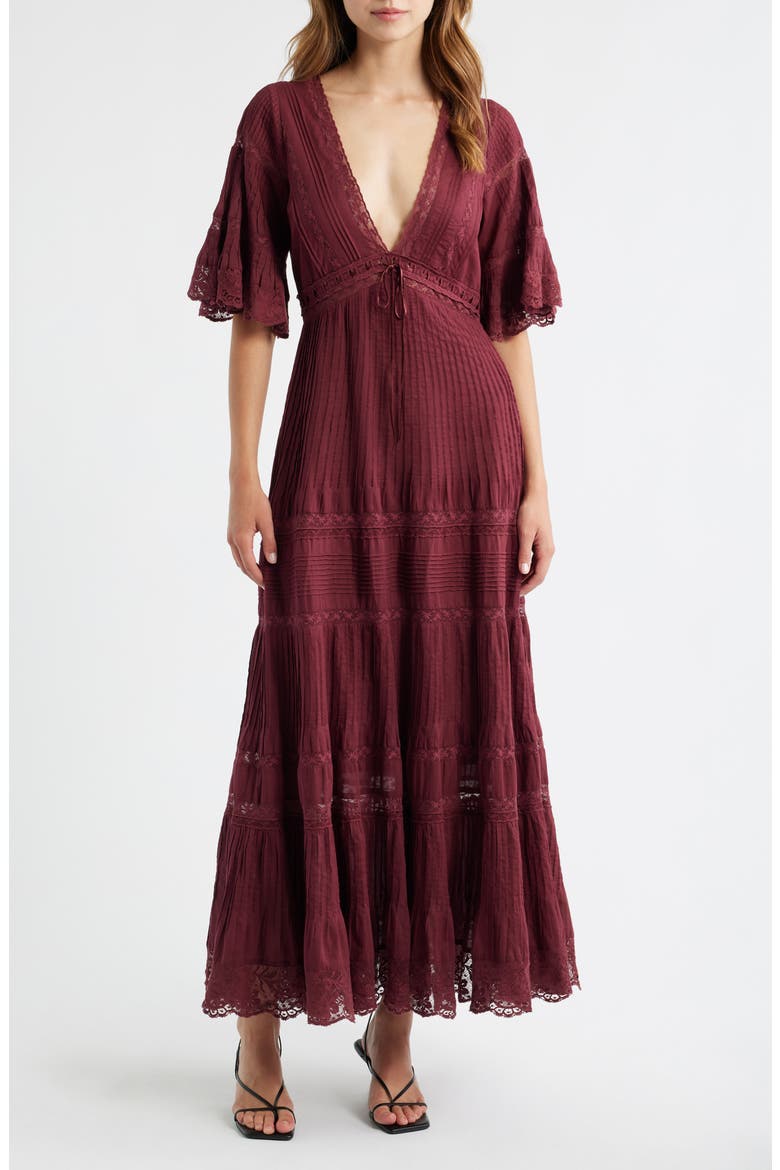 Marlowe Lace Detail Tiered Cotton Maxi Dress, Main, color, SPICED BERRY