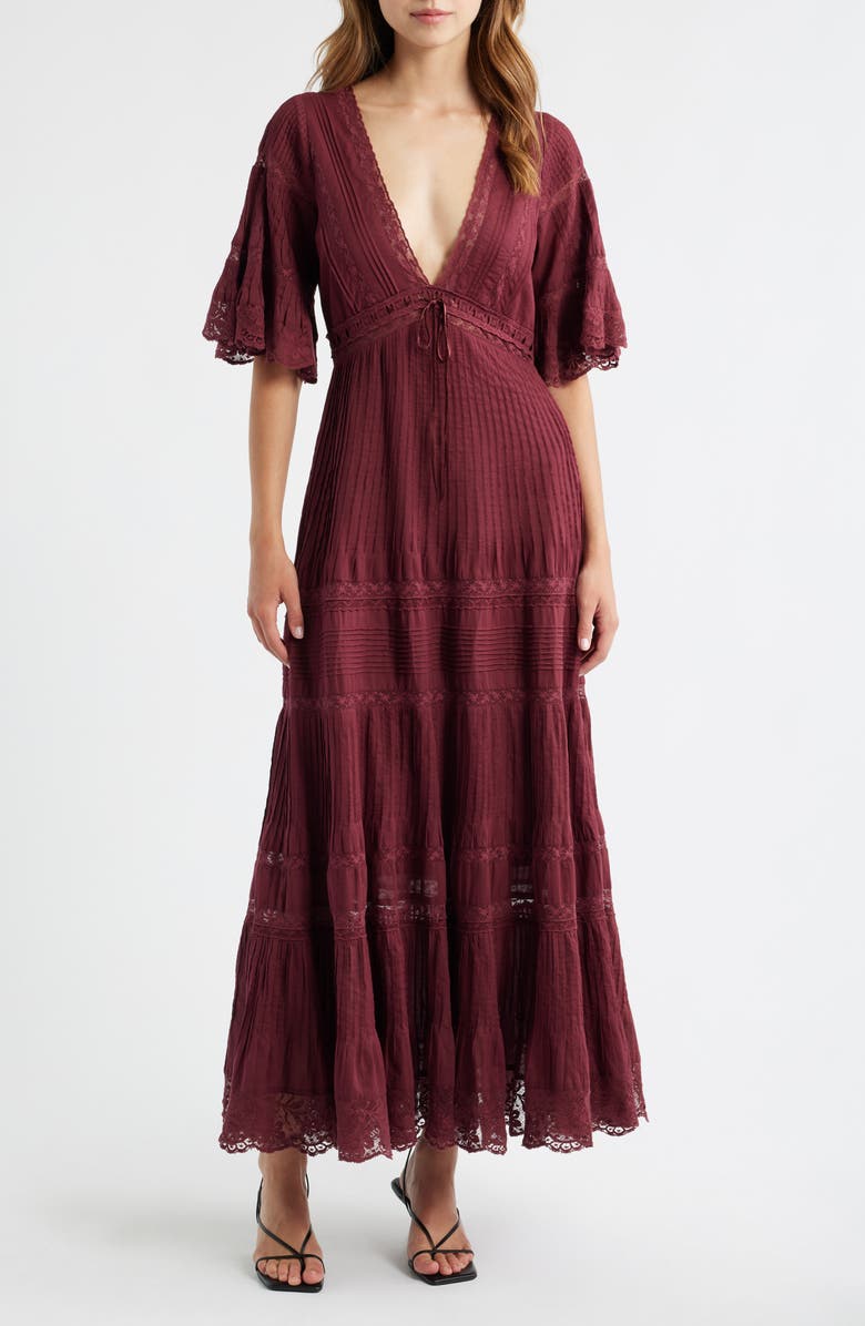 LoveShackFancy Marlowe Lace Detail Tiered Cotton Maxi Dress, Main, color, Spiced Berry