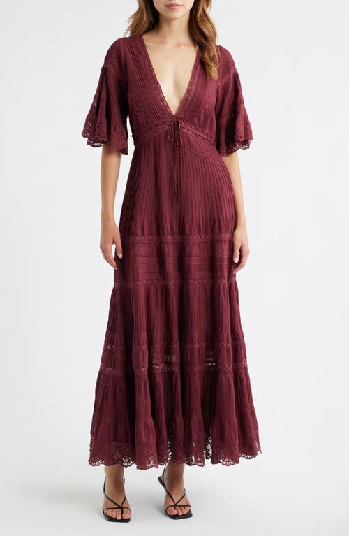 Loveshackfancy Marlowe Lace Detail Tiered Cotton Maxi Dress In Burgundy