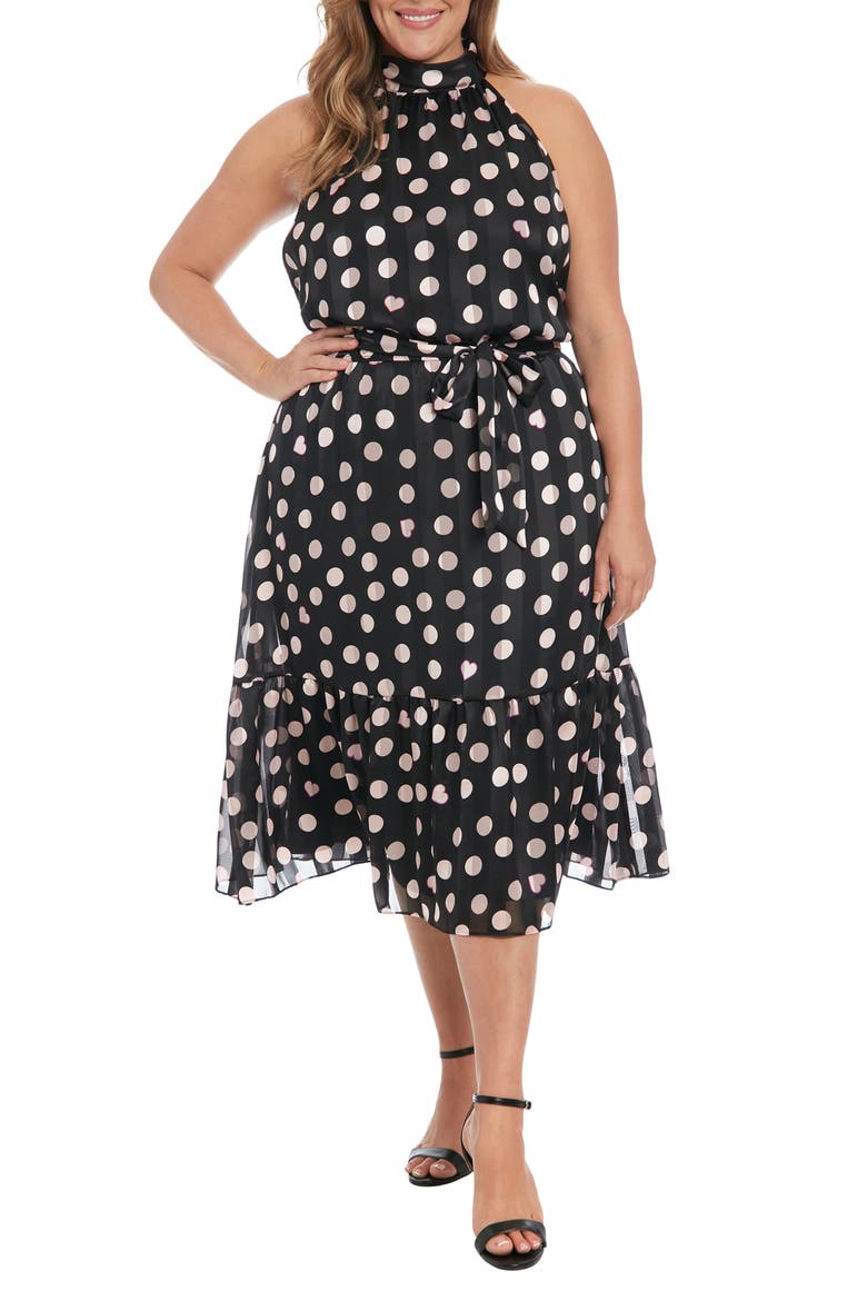 Tie Waist Halter Midi Dress, Main, color, BLACK/ CREAM