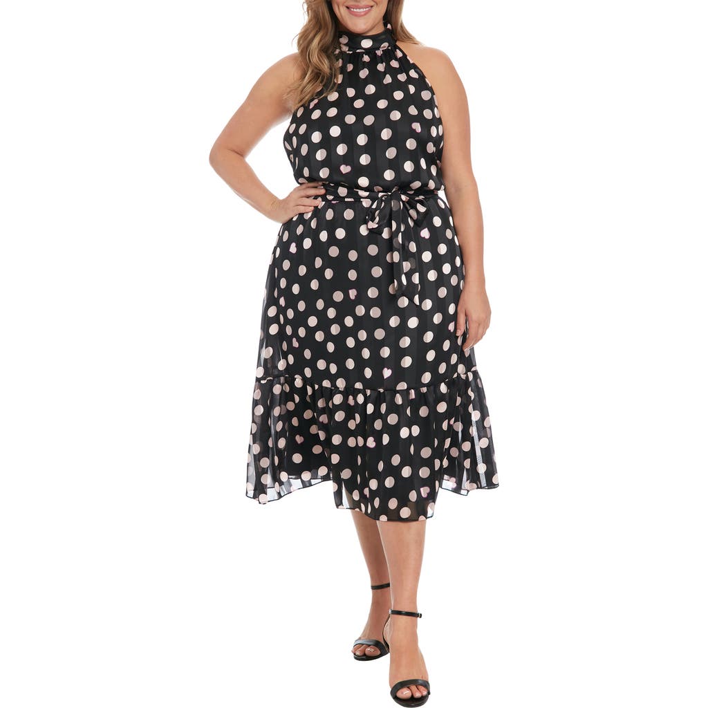 London Times Tie Waist Halter Midi Dress In Black/cream