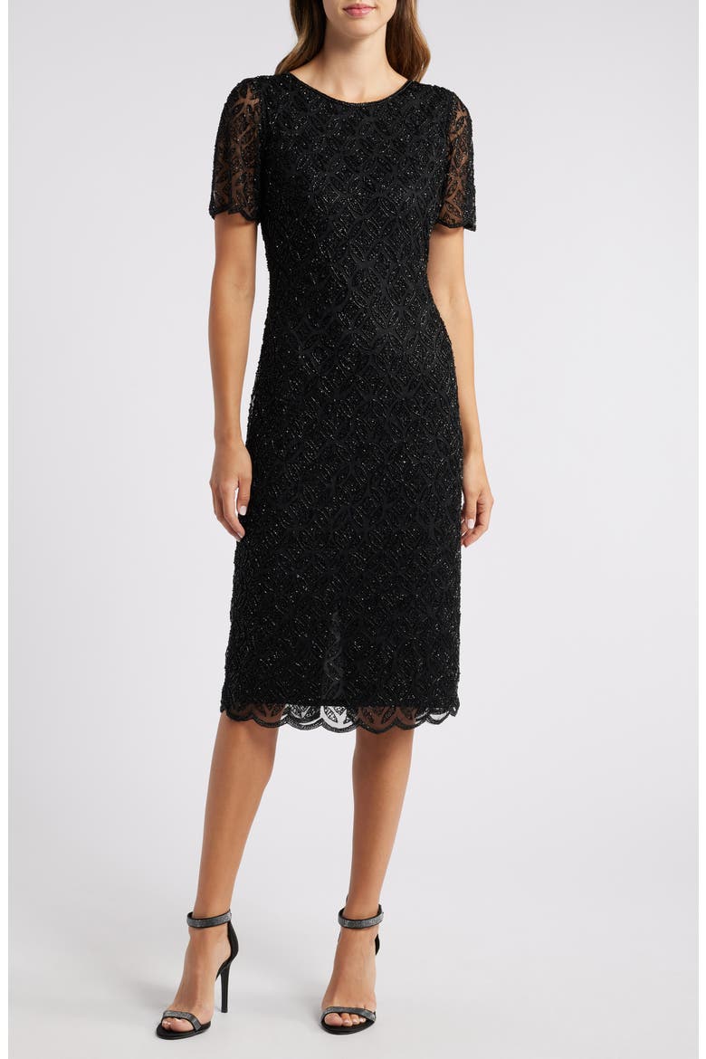 Beaded Midi Cocktail Dress, Main, color, BLACK