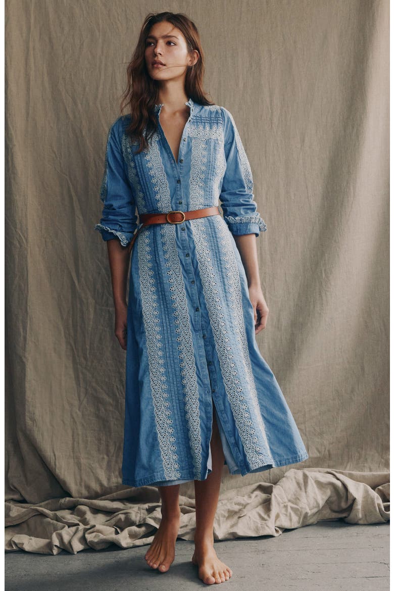 Ruffle Embroidered Long Sleeve Chambray Shirtdress, Alternate, color, LIGHT BLUE CHAMBRAY