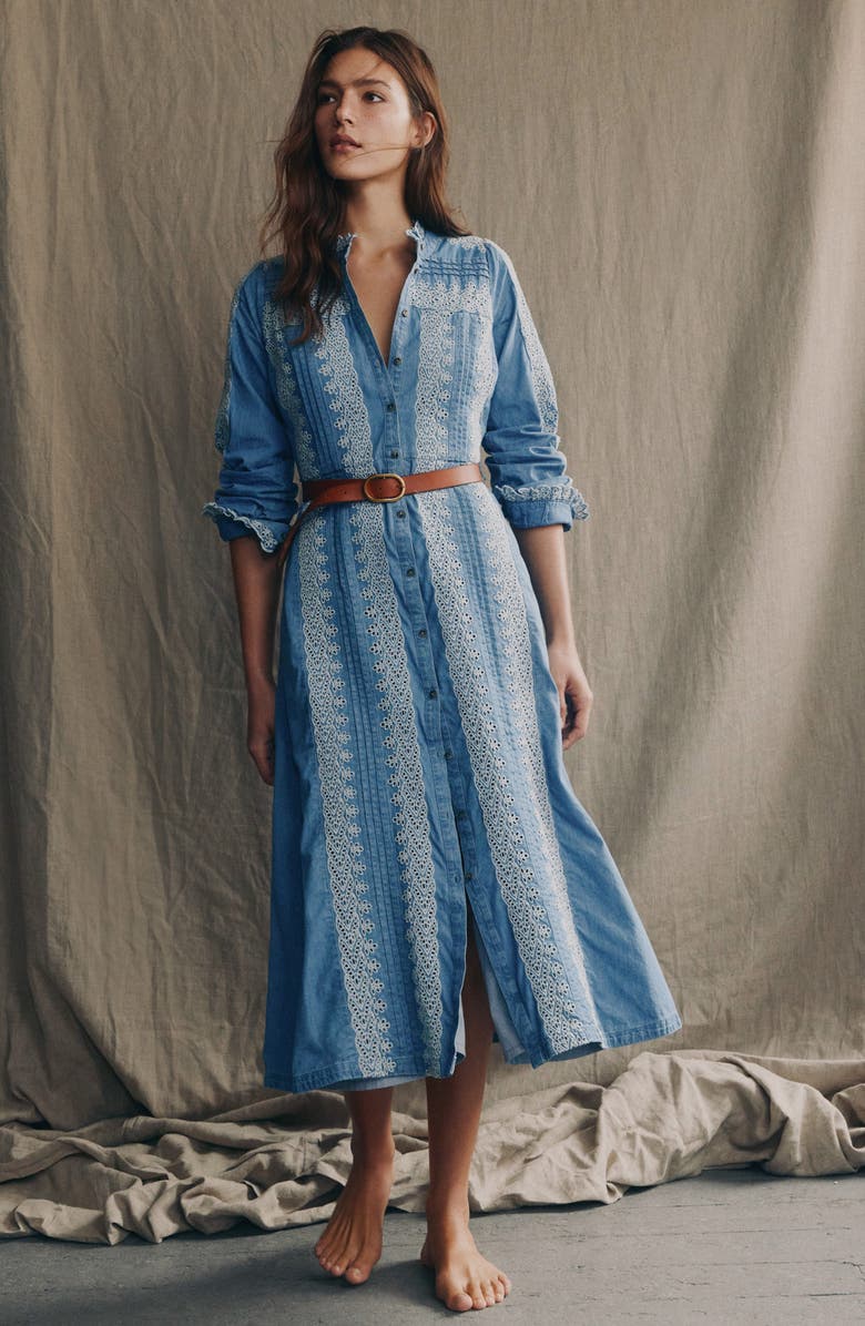 Boden Ruffle Embroidered Long Sleeve Chambray Shirtdress, Alternate, color, Light Blue Chambray
