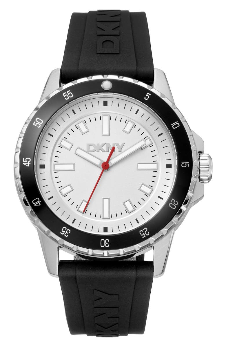 DKNY Sport Silicone Strap Watch, 43mm, Main, color, Silver/ Strap