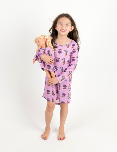 Girls Long Sleeve Nightgown with Matching Doll Nightgown, Printed Design