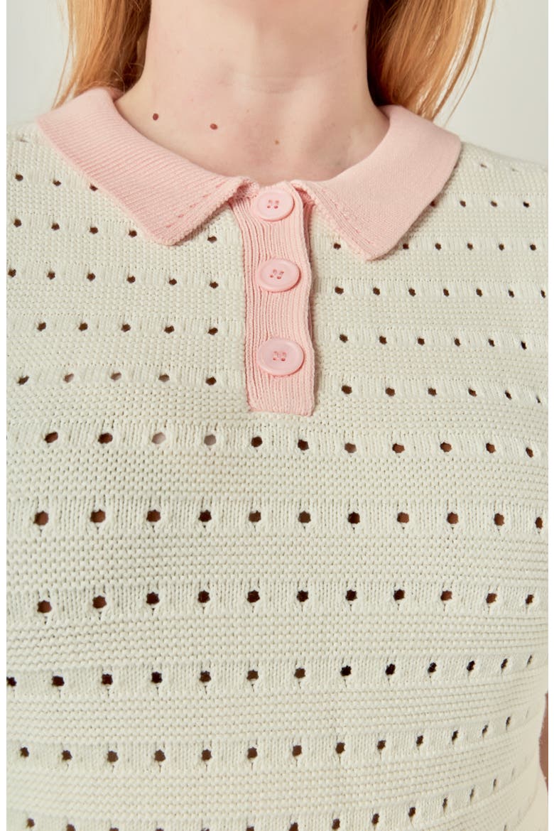 Colorblock Pointelle Short Sleeve Polo Sweater, Alternate, color, IVORY/ PINK