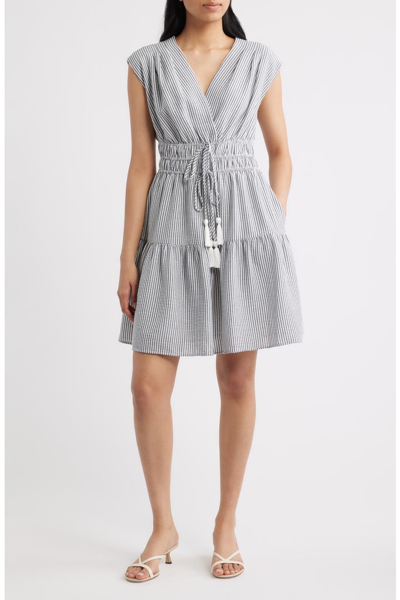 Tiered Stripe Seersucker Dress, Main, color, WHITE MULTI