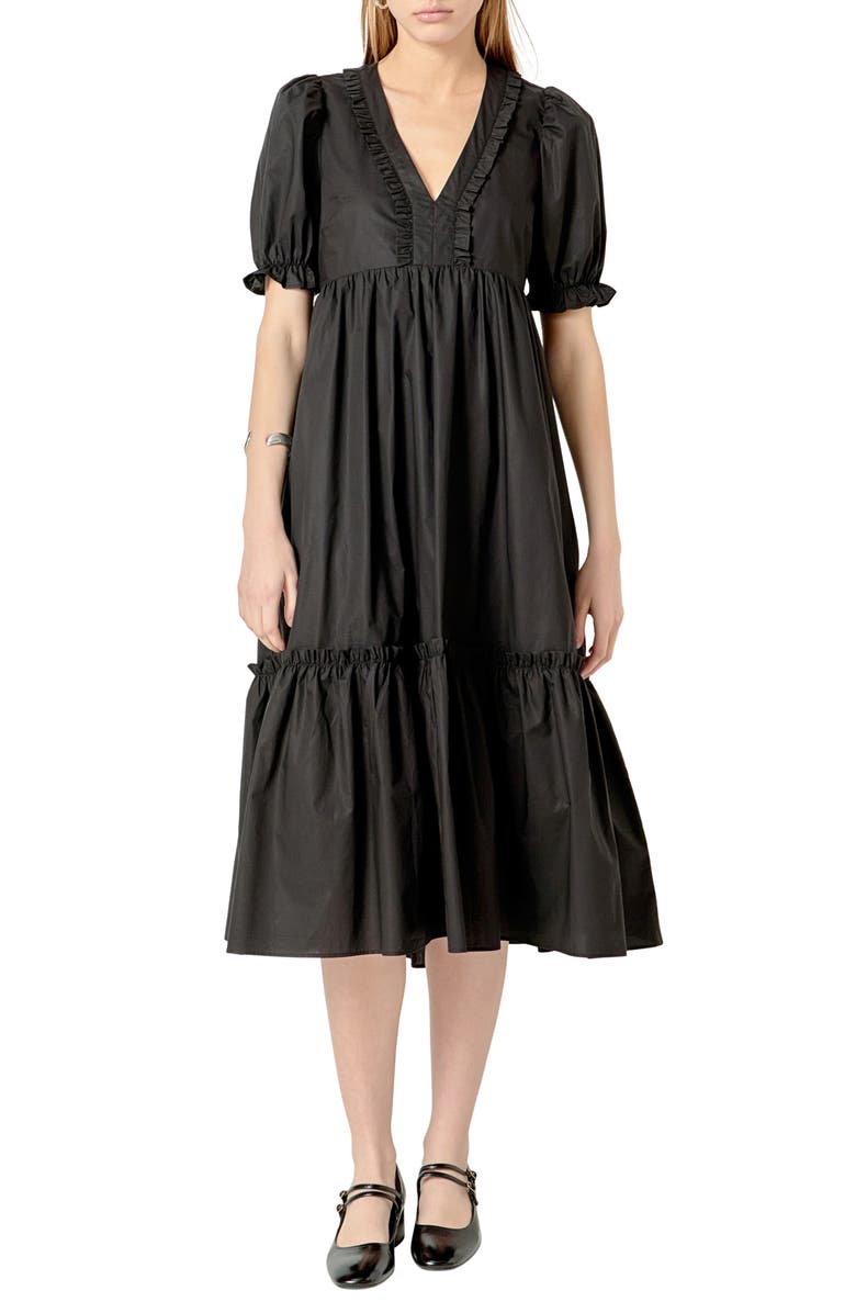 English Factory Puff Sleeve Empire Waist Tiered Cotton Midi Dress, Main, color, Black