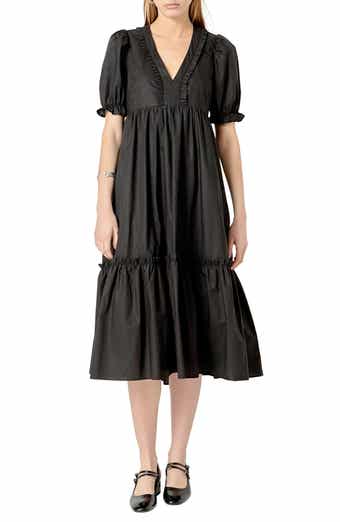 English Factory Puff Sleeve Empire Waist Tiered Cotton Midi Dress