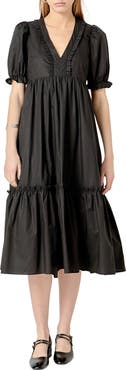 English Factory Puff Sleeve Empire Waist Tiered Cotton Midi Dress