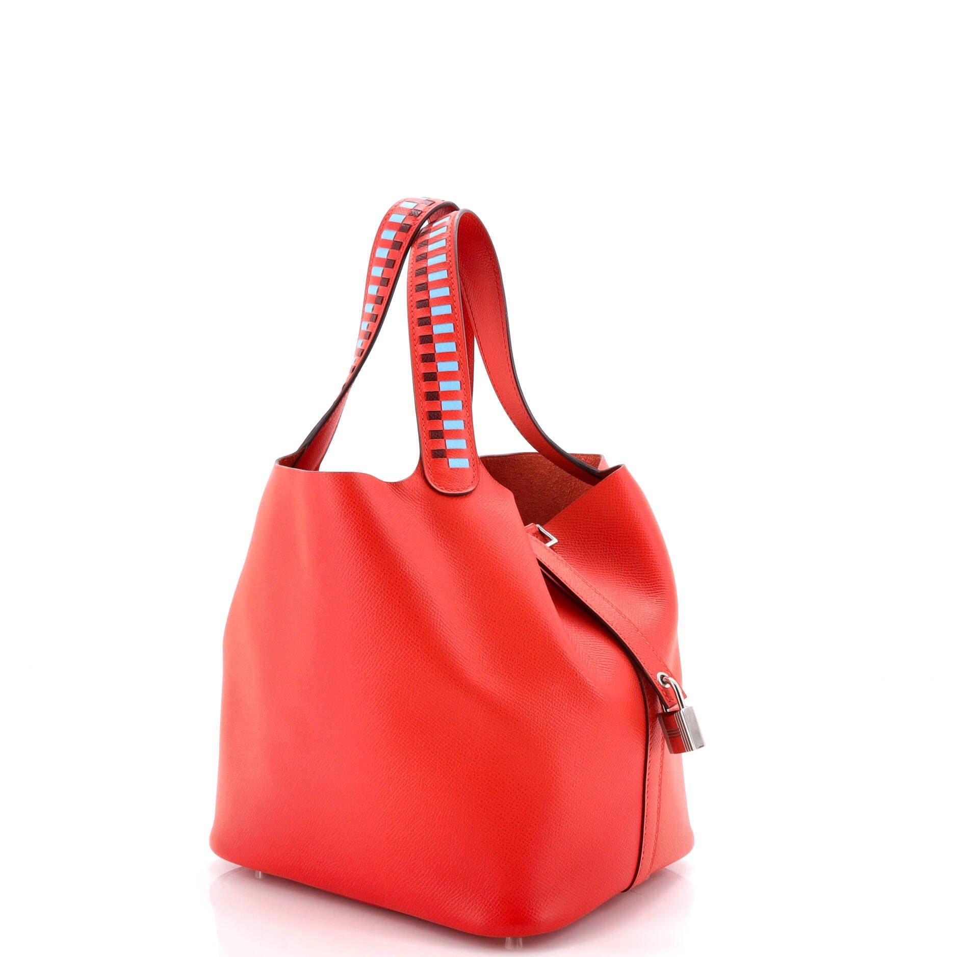 Pre-Owned Hermes Picotin Lock Bag Tressage Epsom MM, Alternate, color, Capucine/Bleu Du Nord/Rouge H