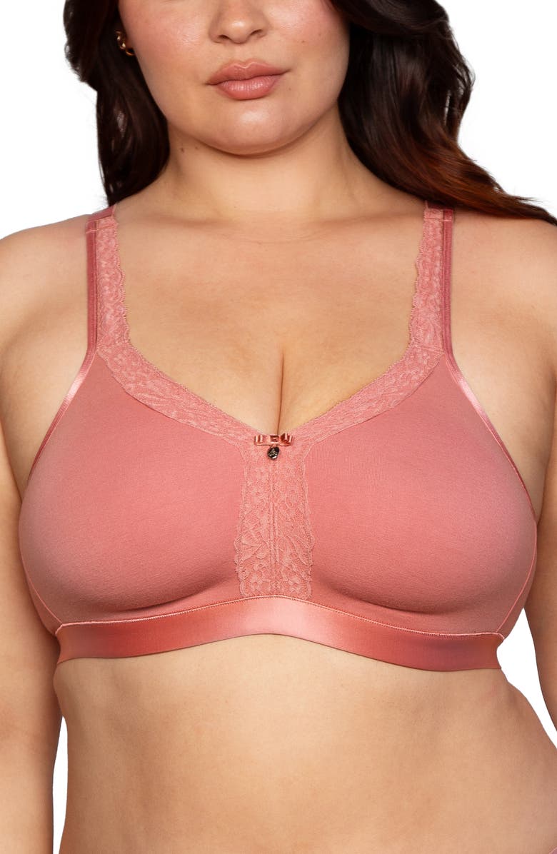 Curvy Couture Lace Trim Wireless Bra, Main, color, Desert Dawn