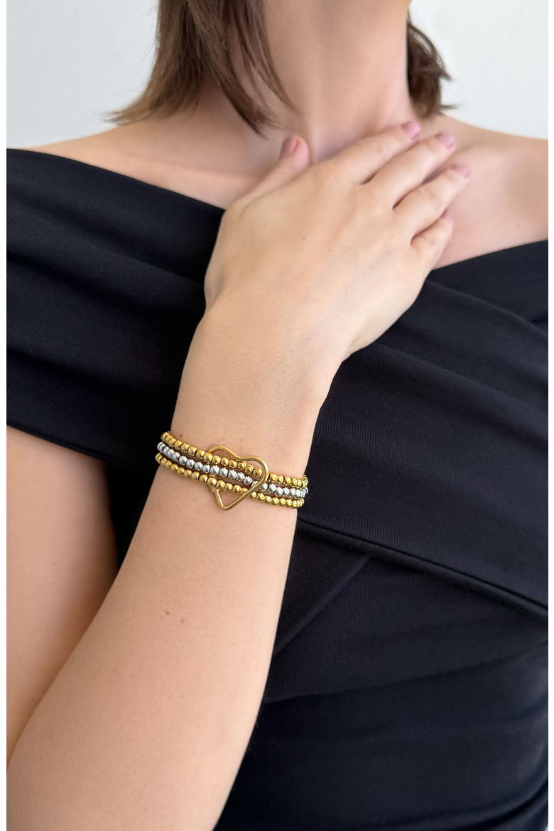 Set of 3 Two-Tone Heart Carabiner Beaded Stretch Bracelets, Alternate, color, GOLD/ SILVER