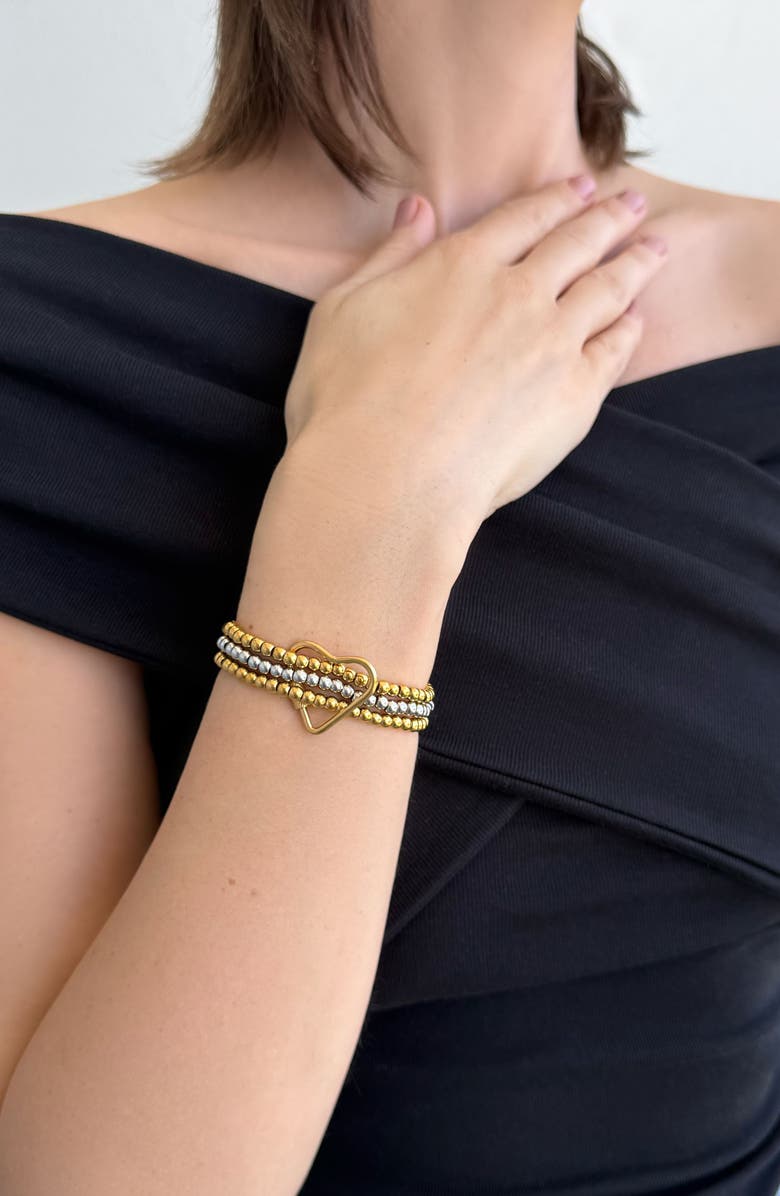 Adornia Set of 3 Two-Tone Heart Carabiner Beaded Stretch Bracelets, Alternate, color, Gold/ Silver