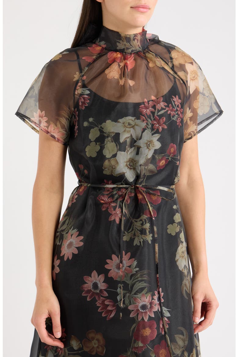 Print Tie Waist Organza Gown, Alternate, color, BLACK MULTI