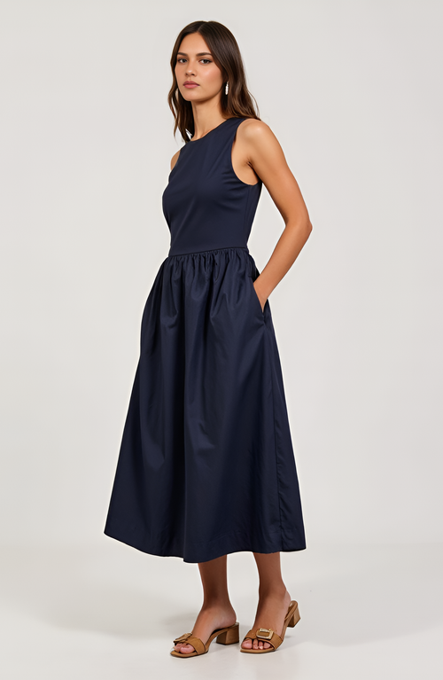 Modenaire Sleeveless Crewneck Midi Dress With Gathered Waist And Pockets In Navy Blue