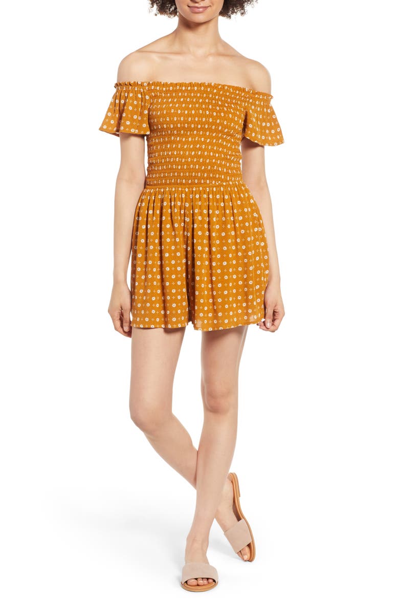 Smocked Off the Shoulder Romper, Main, color, MUSTARD FLORAL