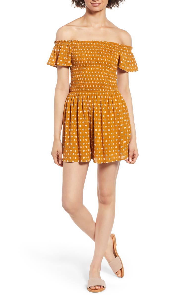 One Clothing Smocked Off the Shoulder Romper, Main, color,