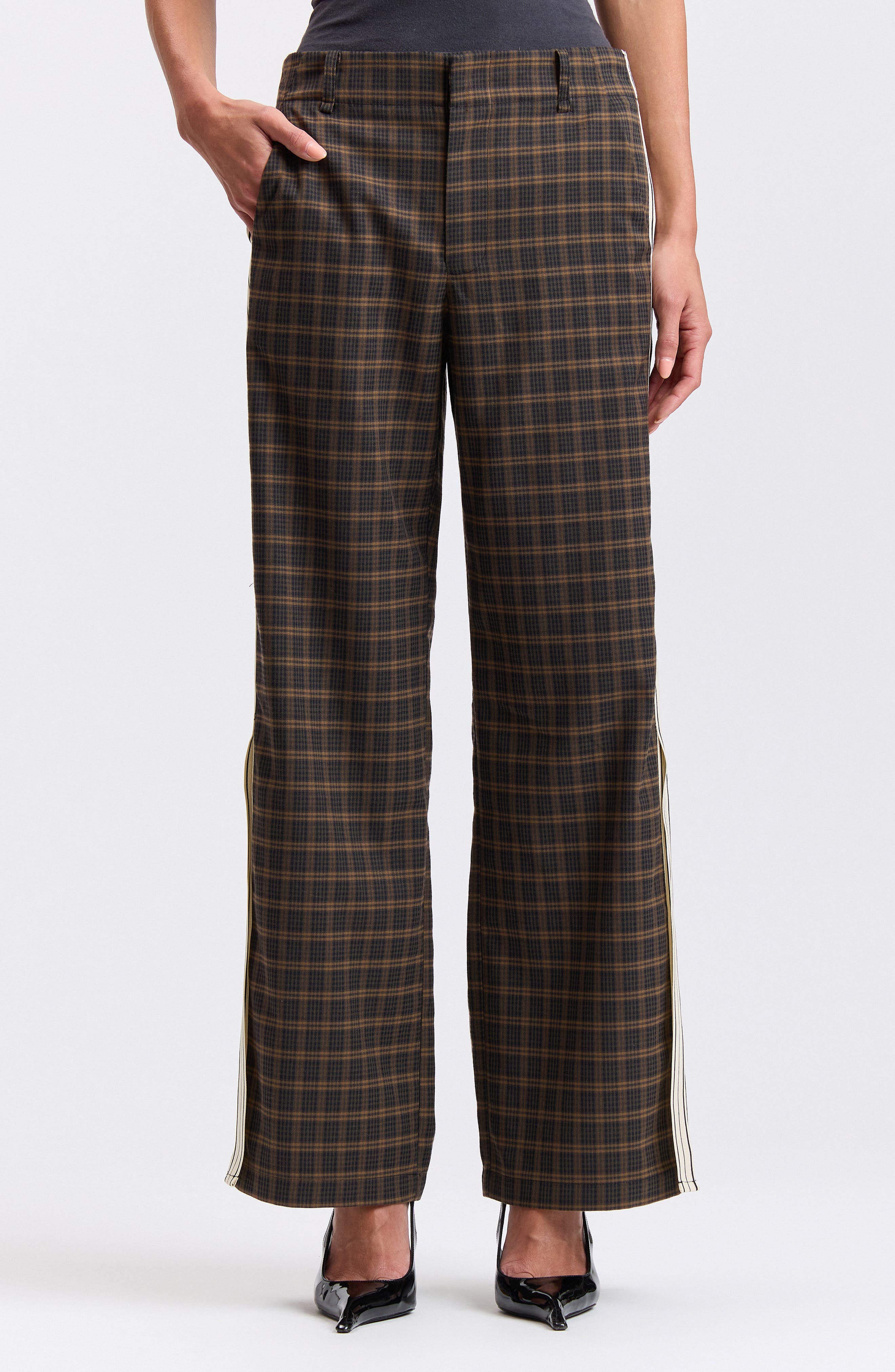 Side Stripe Wide Leg Plaid Pants