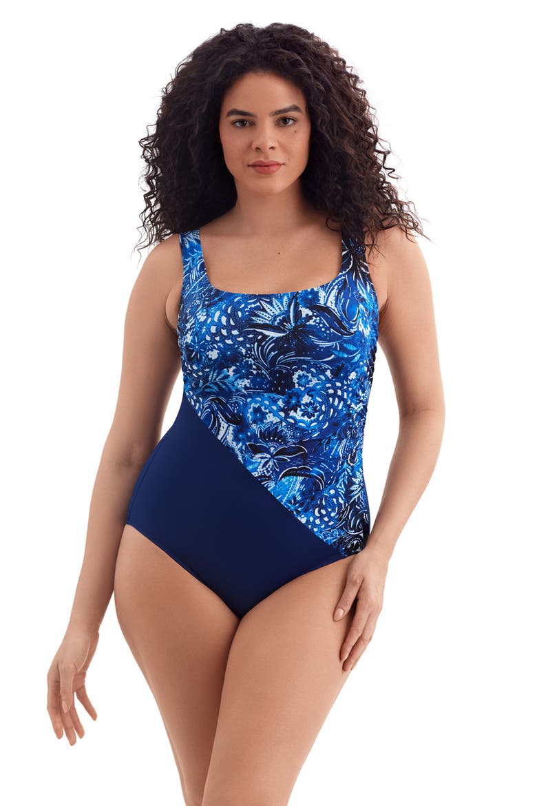 Side Shirred Tank Long Torso One-Piece Swimsuit, Main, color, Paisley Garden