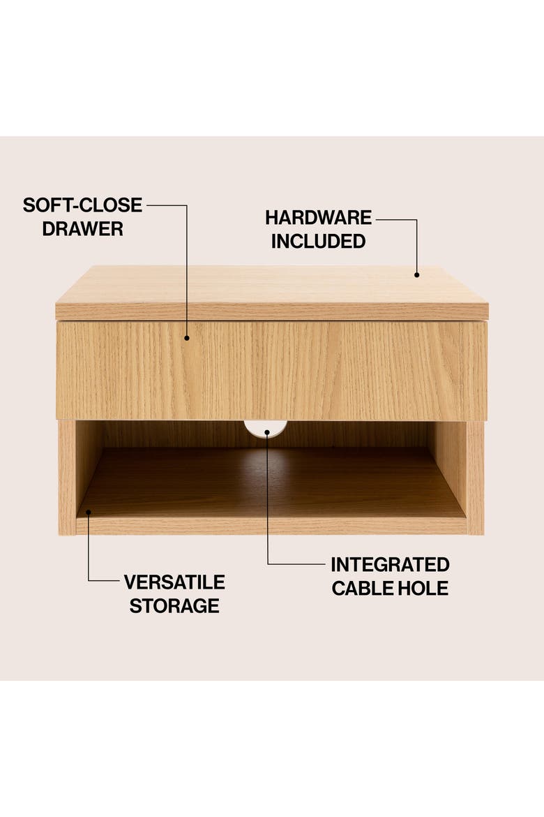 Ettore Modern Floating Nightstand, Wall-Mounted Bedside Table with 1-Drawer Open Cubby Storage Space for Bedroom, Alternate, color, Light Oak -(Set of 2)