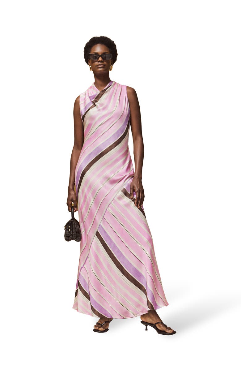 Ro&Zo Phoebe Stripe Cowl Neck Satin Dress, Main, color, Pink