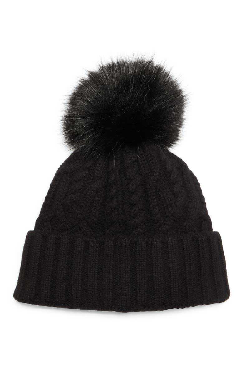 Virgin Wool & Cashmere Rib Beanie with Faux Fur Pompom, Alternate, color, BLACK