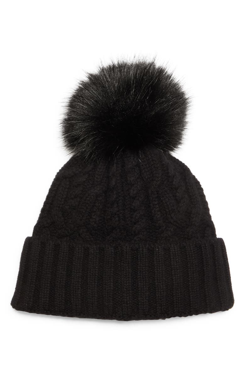 Moncler Virgin Wool & Cashmere Rib Beanie with Faux Fur Pompom, Alternate, color, 