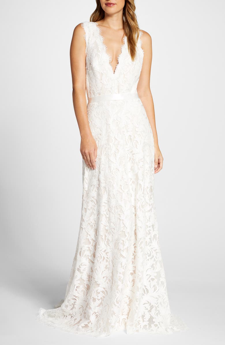 Tadashi Shoji Deep V-Neck Lace Trumpet Wedding Dress, Main, color,