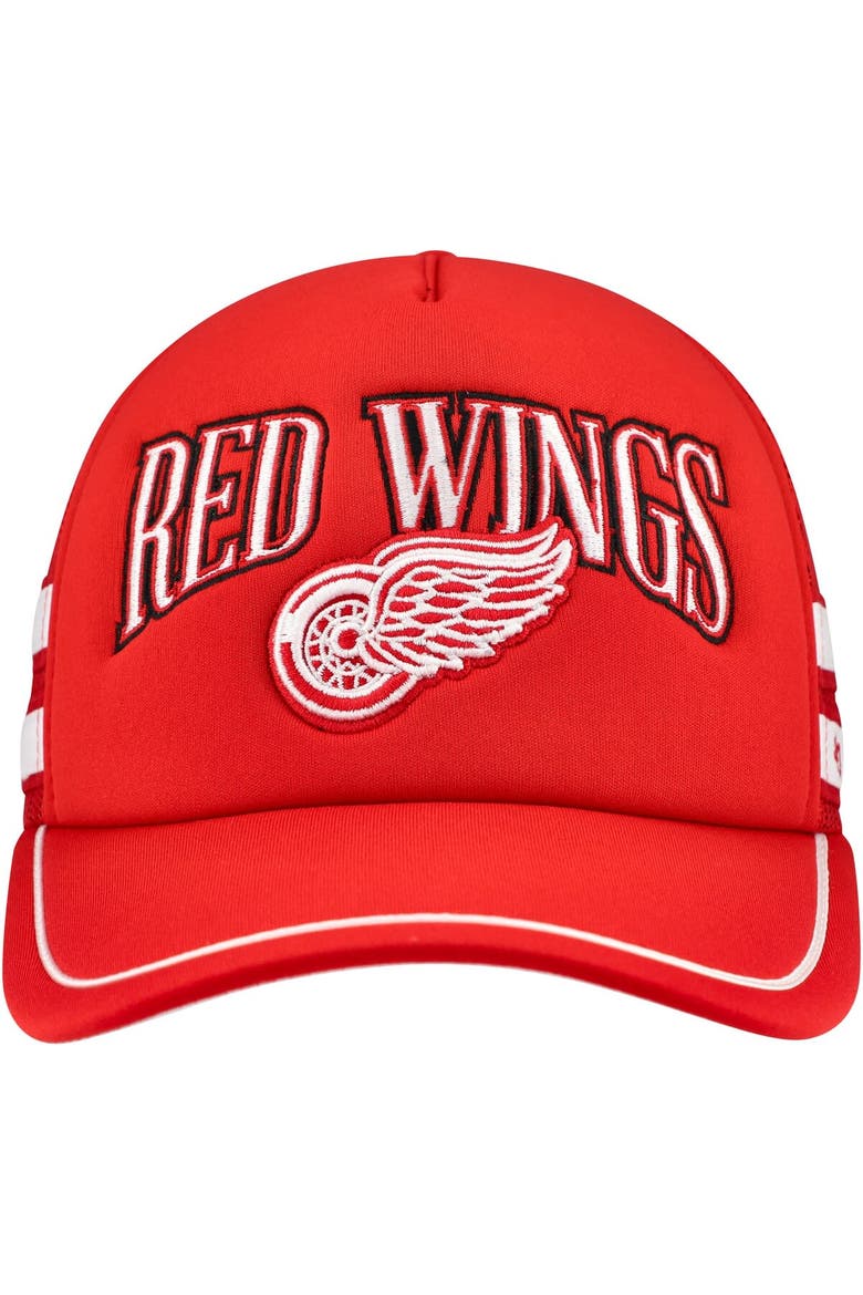 Men's '47 Red Detroit Red Wings Sideband Stripes Trucker Snapback Hat, Alternate, color, Red