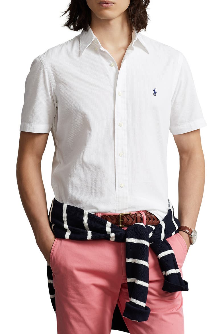Classic Fit Cotton Seersucker Button-Down Shirt, Main, color, WHITE